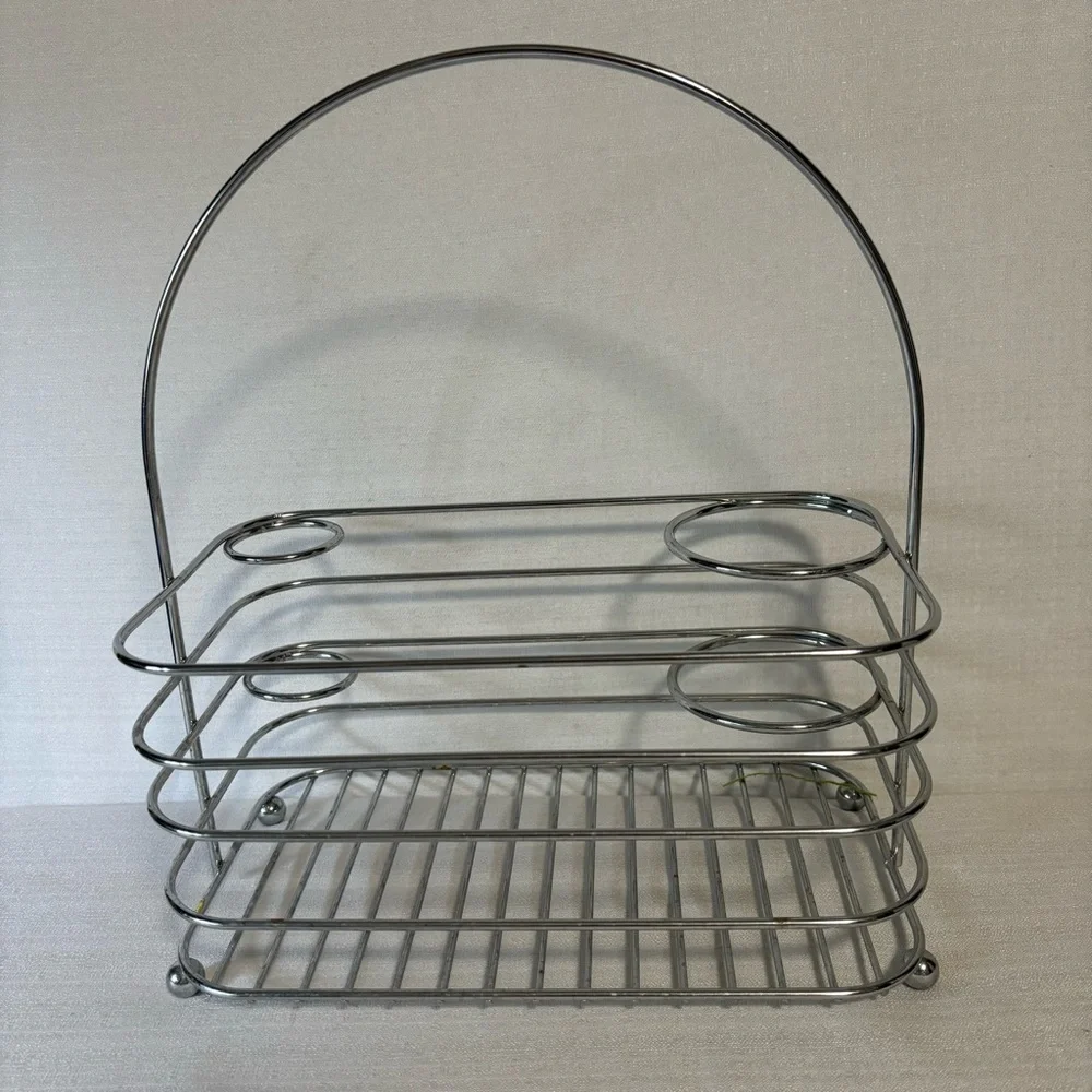 Stainless steel hair caddy holds curling iron & drier organizer with handle EUC